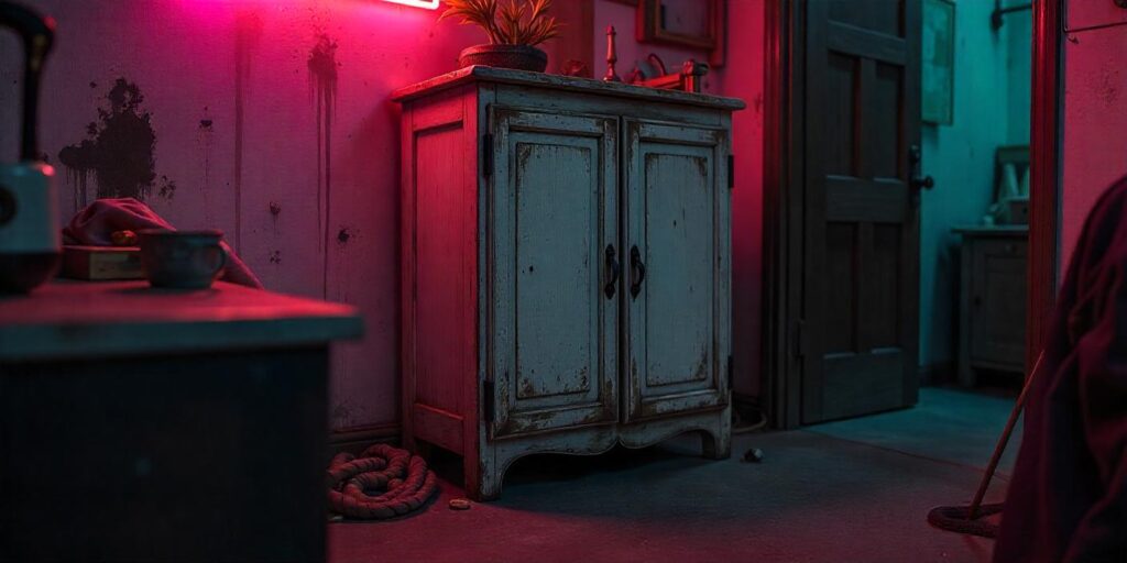 an old broken cabinet in a dark room