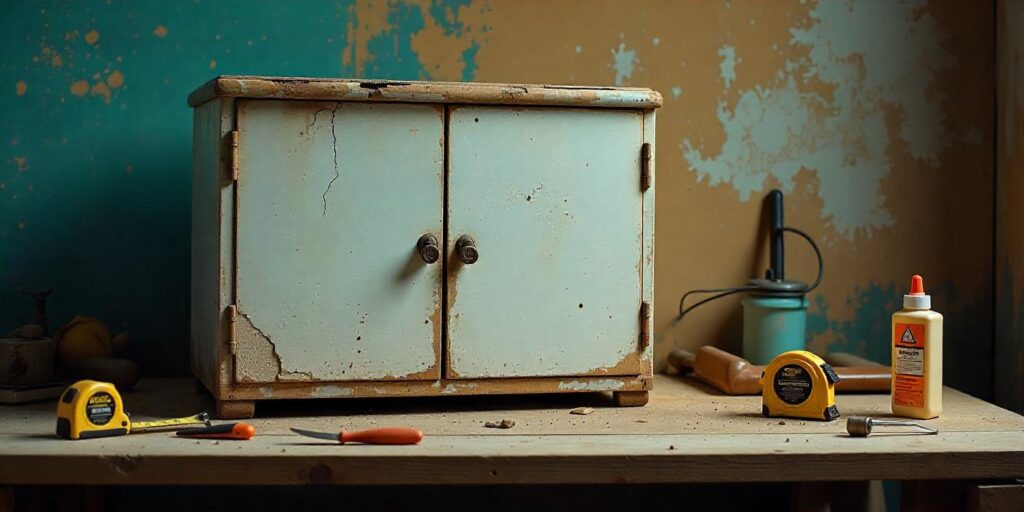 a damaged cabinet on the desk